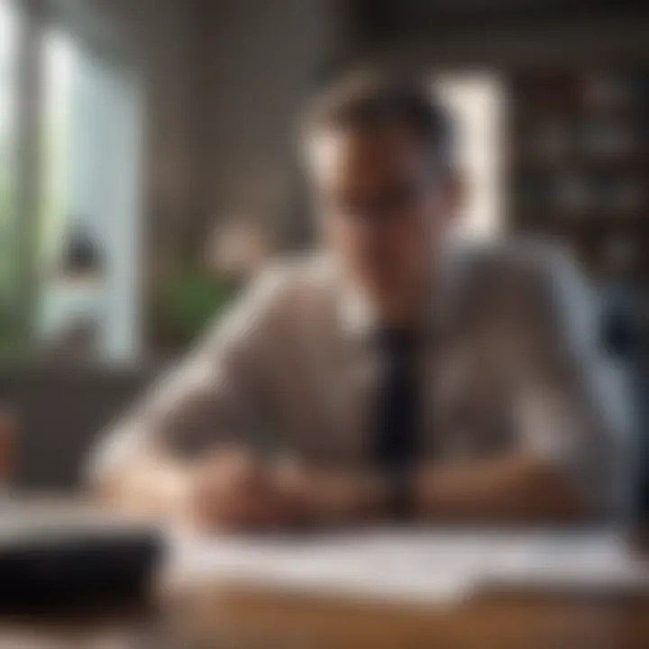 A thoughtful individual analyzing tax documents at a desk