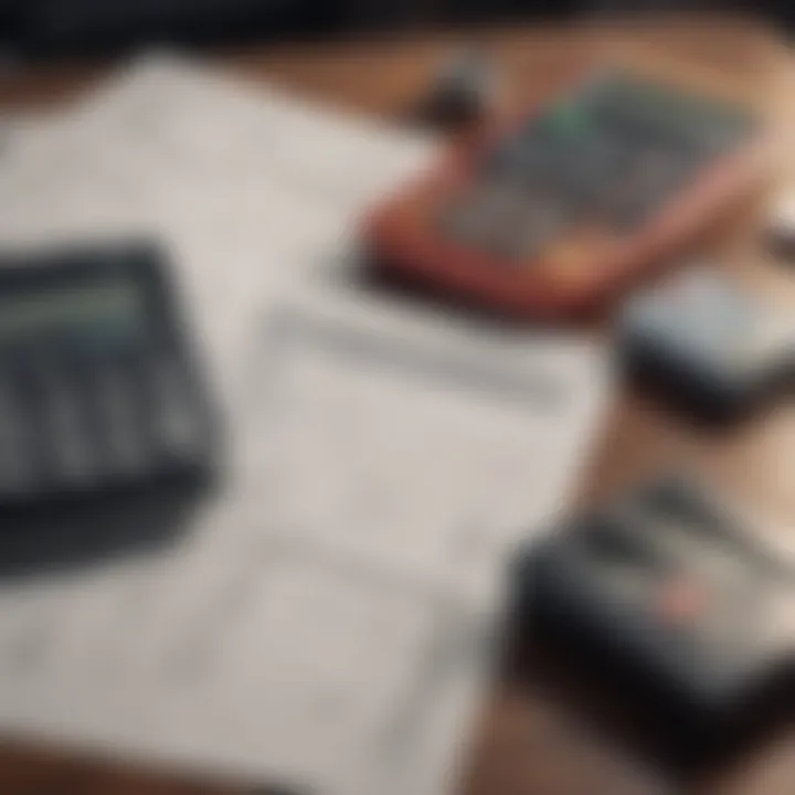 A close-up of a calculator, credit card, and budgeting sheets on a table