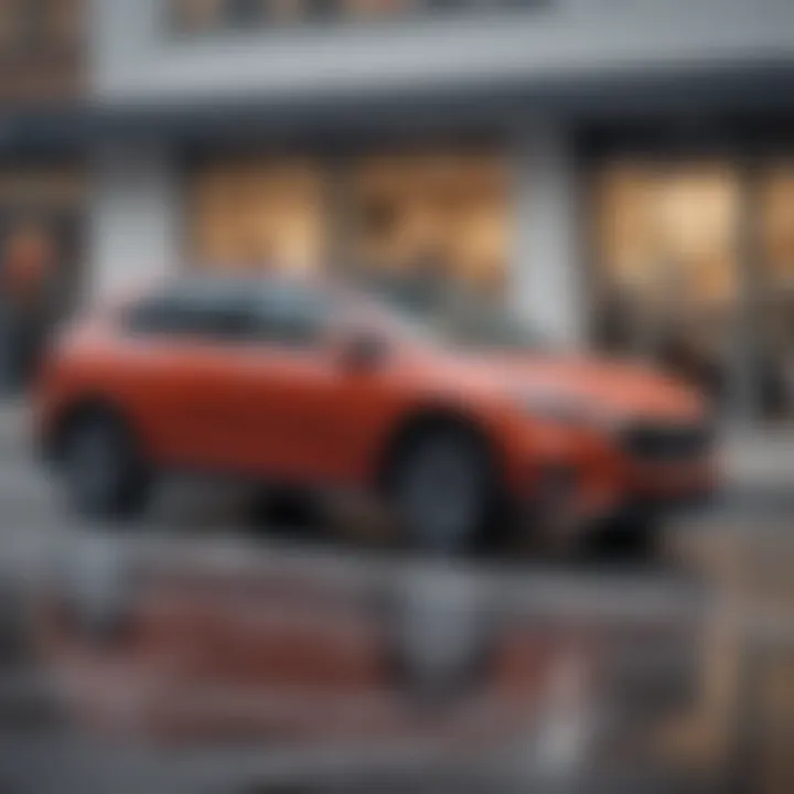 A modern vehicle parked outside a financial institution, symbolizing the connection between car buying and credit.