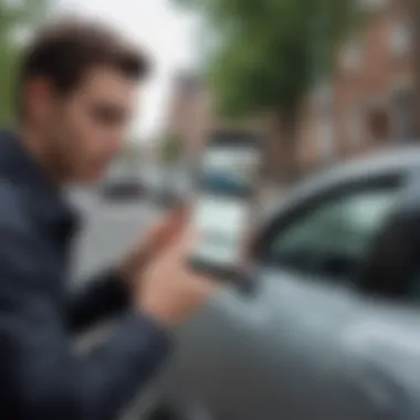 A person using a smartphone to check vehicle information