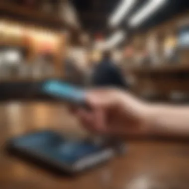 Traveler using smartphone for mobile payments at a cafe