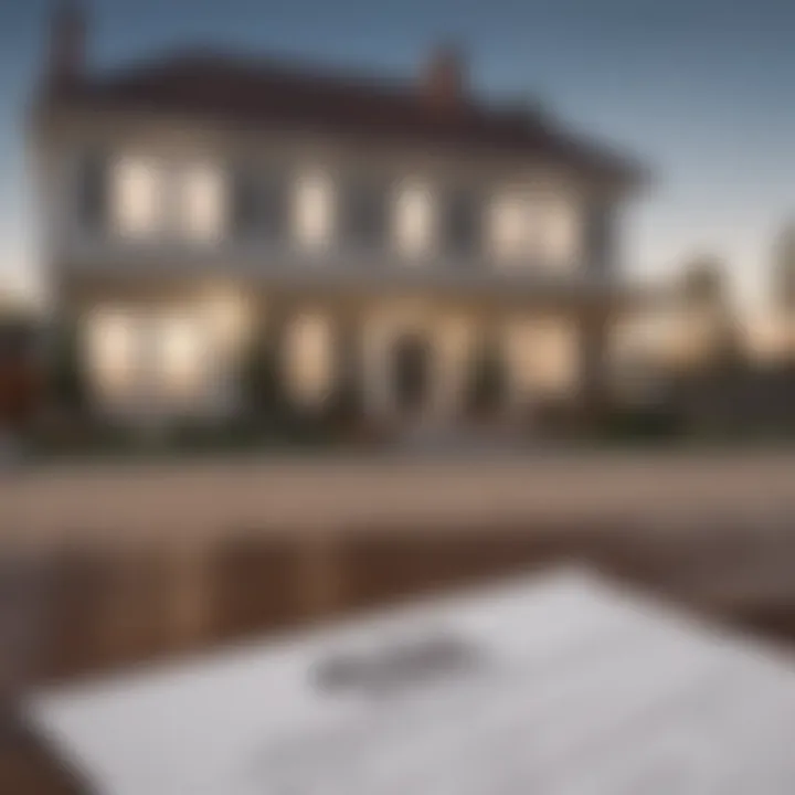 A house with a for sale sign and a loan agreement document in the foreground.