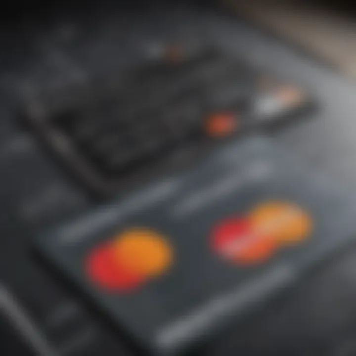 Close-up view of a credit card with a financial chart in the background