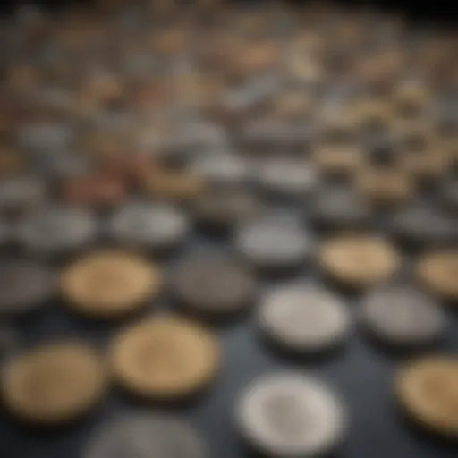 A detailed view of a rare coin collection displayed elegantly.