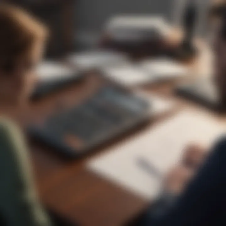 A couple discussing financial plans with a calculator and documents