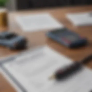 A calculator and financial documents on a desk representing car financing calculations.