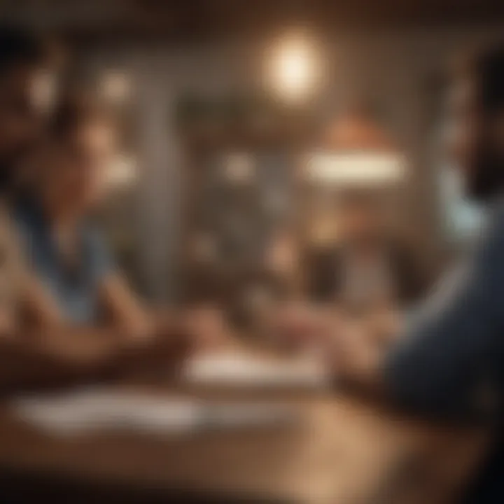 A diverse group discussing loan options over a table.