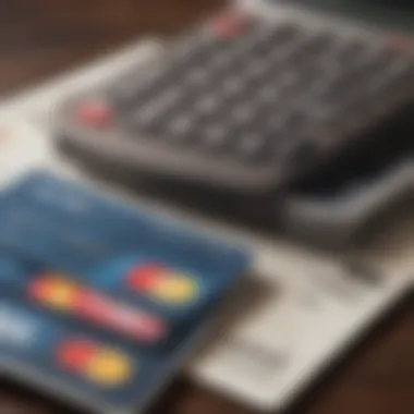 A close-up view of a credit card with a calculator and financial documents.