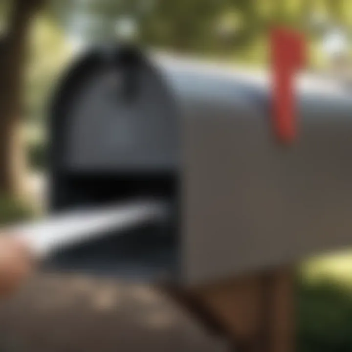 Person placing a letter in a mailbox as part of the mailing process.