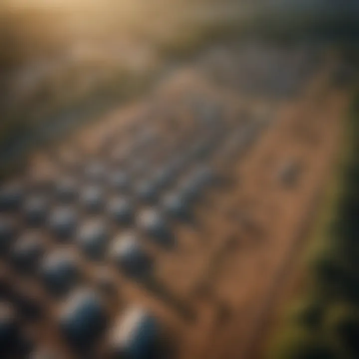 An aerial view of various land plots in different environments, illustrating market conditions.