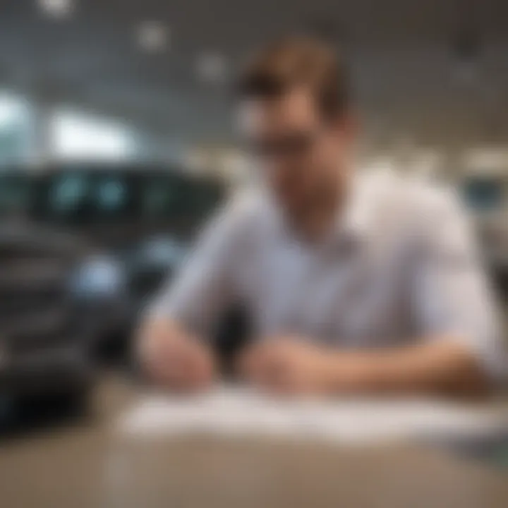 A confident individual reviewing documents in a car dealership.