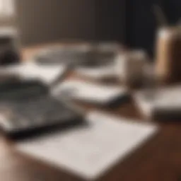 A calculator and tax forms arranged on a desk
