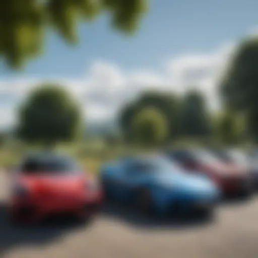 A serene landscape showcasing a variety of cars under a blue sky, symbolizing selection and choice.