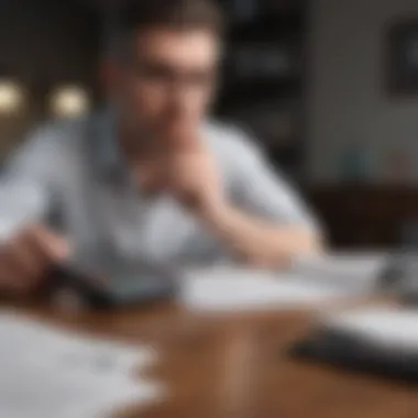 Assessing Financial Options A thoughtful individual reviewing financial options with a calculator and documents.