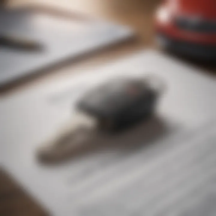 A close-up of a car key on a table with a loan agreement in the background