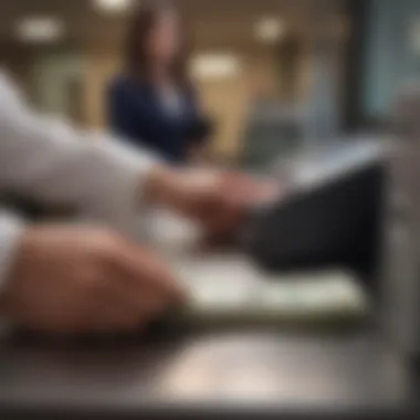 A close-up of a bank teller processing a money order transaction.