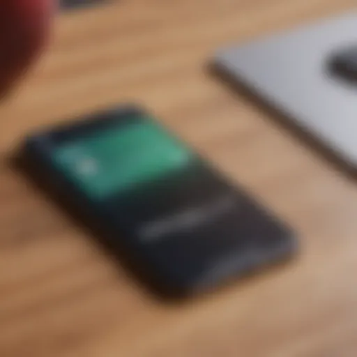 A close-up view of an Apple Card on a wooden desk with an iPhone in the background.