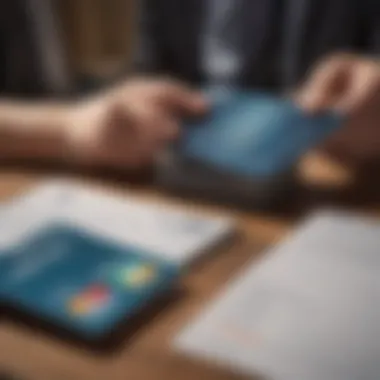 A thoughtful individual reviewing financial documents with two credit cards beside them