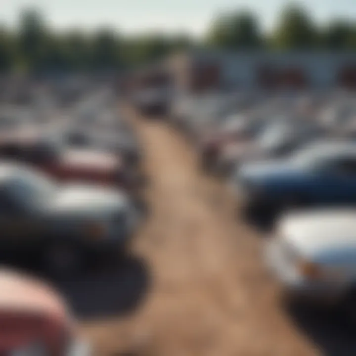 Detailed view of an automotive salvage yard showcasing various vehicles in different conditions.