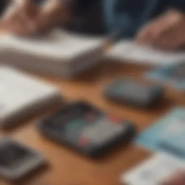 A student planning a budget with a calculator, college materials, and a credit card spread out on a table.