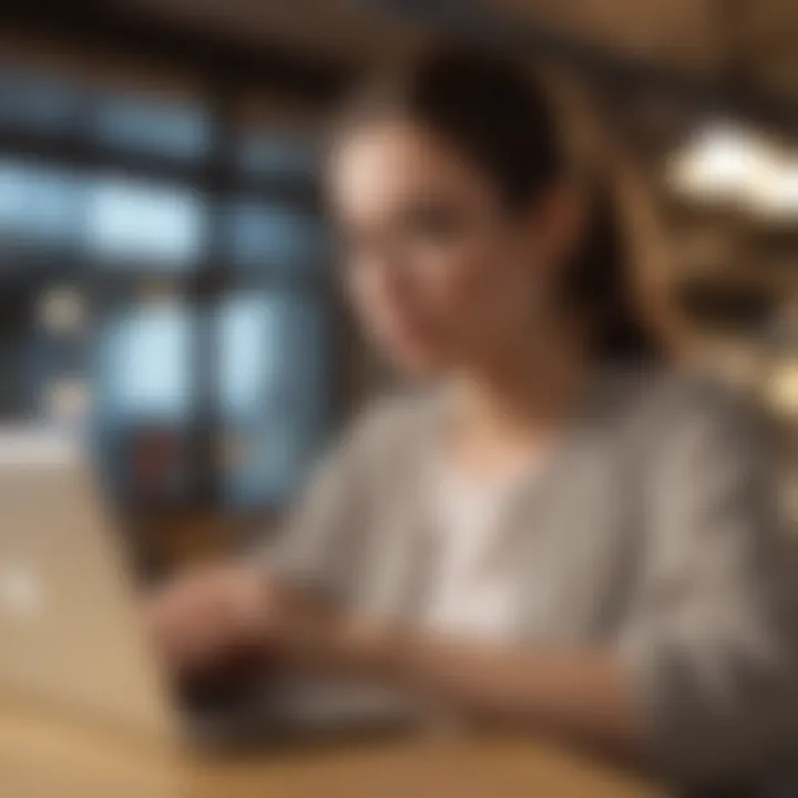 A student reviewing financial statements on a laptop while sipping coffee in a campus café.