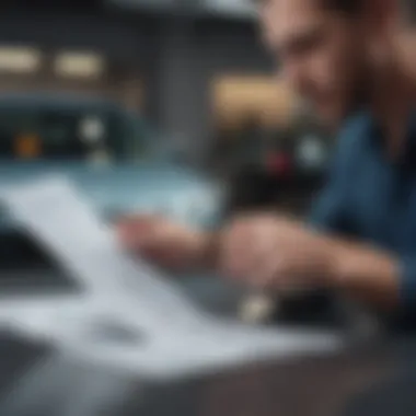 A person reviewing insurance documents in a car dealership