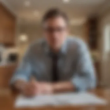 A thoughtful individual analyzing the pros and cons of buying a foreclosed home.