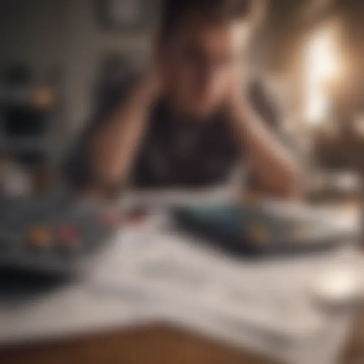 A person contemplating financial goals, surrounded by financial documents and a calculator.