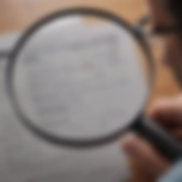 A person reviewing a credit report with a magnifying glass to identify potential fraud