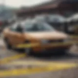 A totaled car surrounded by debris and caution tape